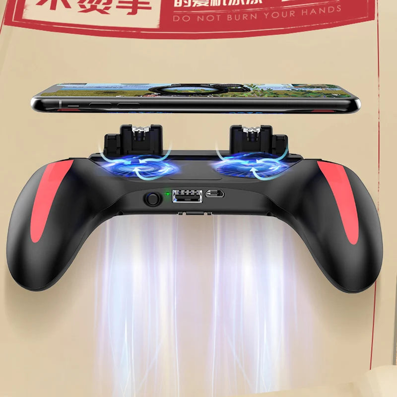 Black and red gaming controller with phone holder on a beige background