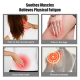 EMS neck massager benefit graphic showing relief for cervical spine pain, leg pain, sore lower back and muscle soreness