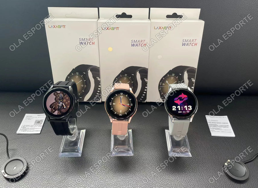 Three Women's Smart Watch 6 smartwatches on display with Luxsmart packaging on dark surface