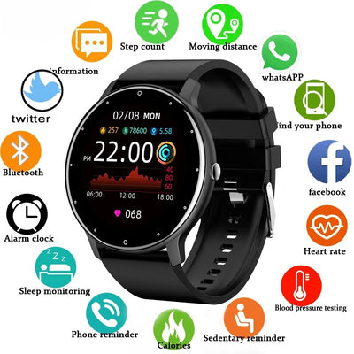Smartwatch with various functions displayed on white background