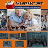Gaming console set with controller, cables, and accessories on an orange background with family playing.