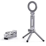 MagSafe magnetic phone tripod with metallic stand and circular platform on white background