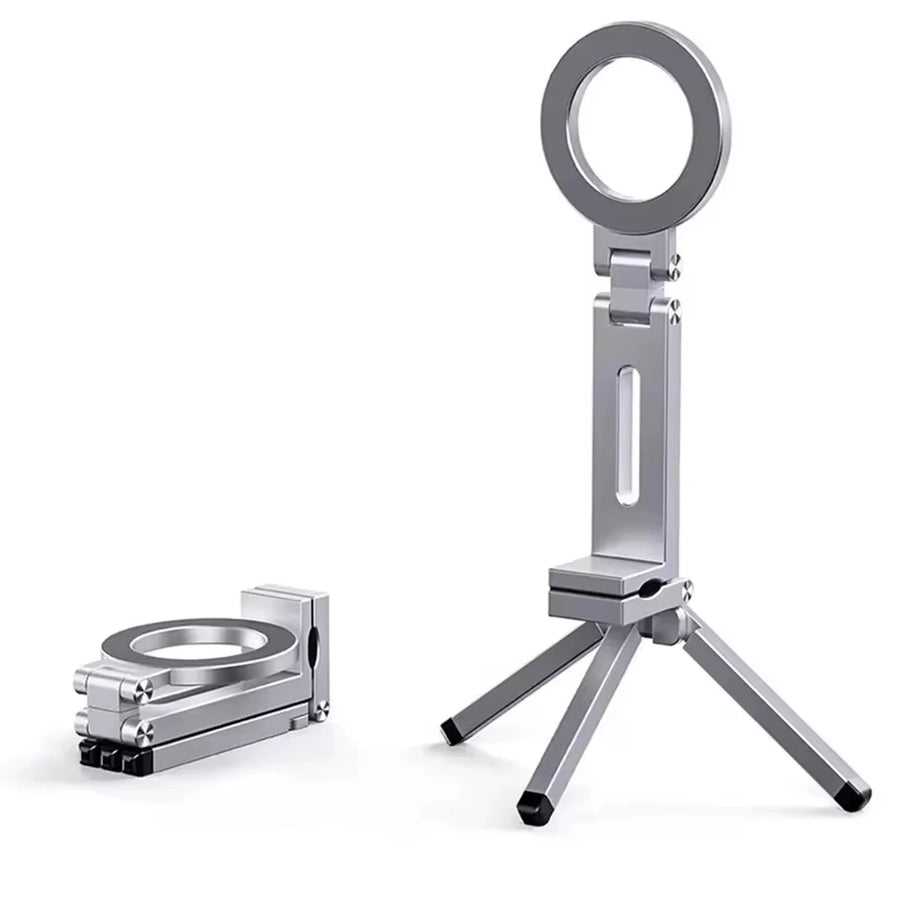 MagSafe magnetic phone tripod with metallic stand and circular platform on white background