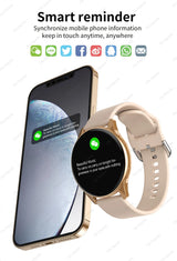 Women's Smart Watch 6 with smartphone showing synchronization on white background
