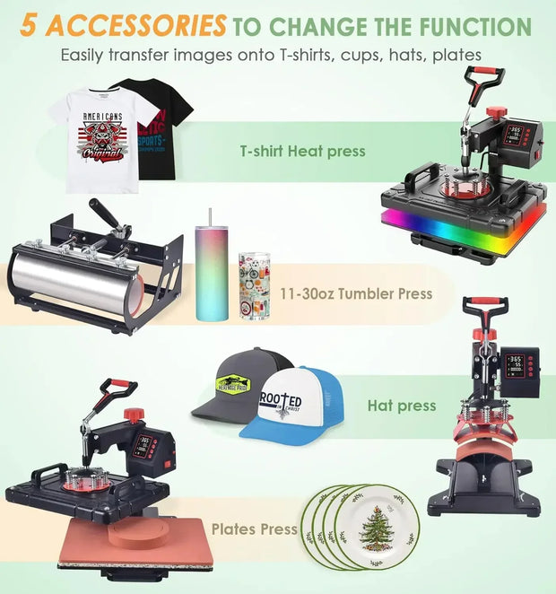 5 in 1 Heat Press Machine Sublimation Heat Press 360° Swing Away Heat Transfer Digital T-Shirt Pressing Multifunction Combo