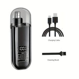 Black electric nose and ear hair trimmer with digital battery display, USB charging cable and cleaning brush
