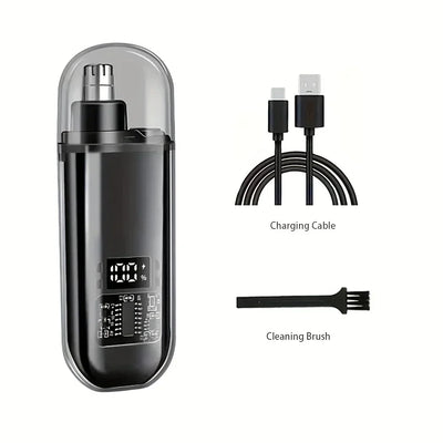 Black electric nose and ear hair trimmer with digital battery display, USB charging cable and cleaning brush