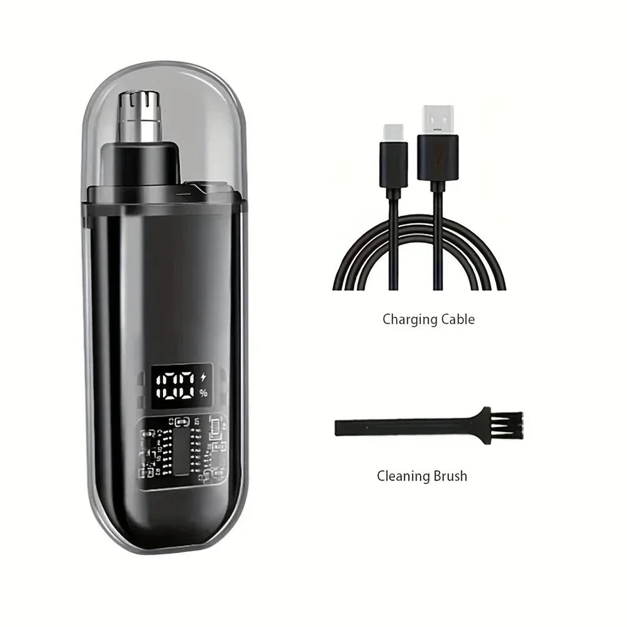 Black electric nose and ear hair trimmer with digital battery display, USB charging cable and cleaning brush