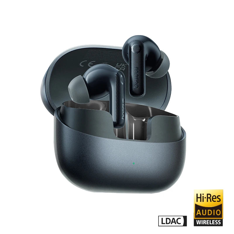 Black wireless earbuds in charging case with 'Hi-Res Audio' and 'LDAC Wireless' logos on a white background