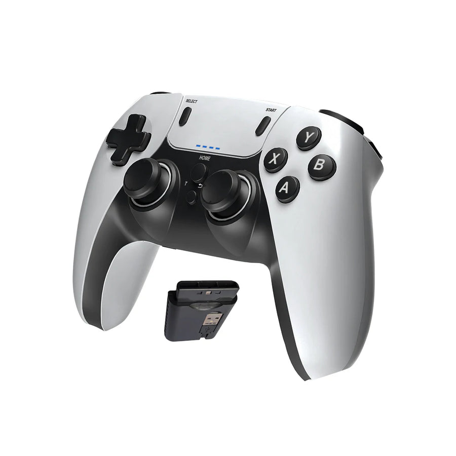 White gaming controller with black accents on a white background