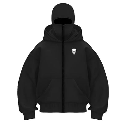 Men's Balaclava Hoodie Half Zip up Double Hooded Fleece Sweatshirt in black with a logo on the chest