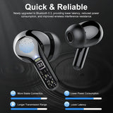 Wireless earbuds with Bluetooth 5.3 features on a dark background