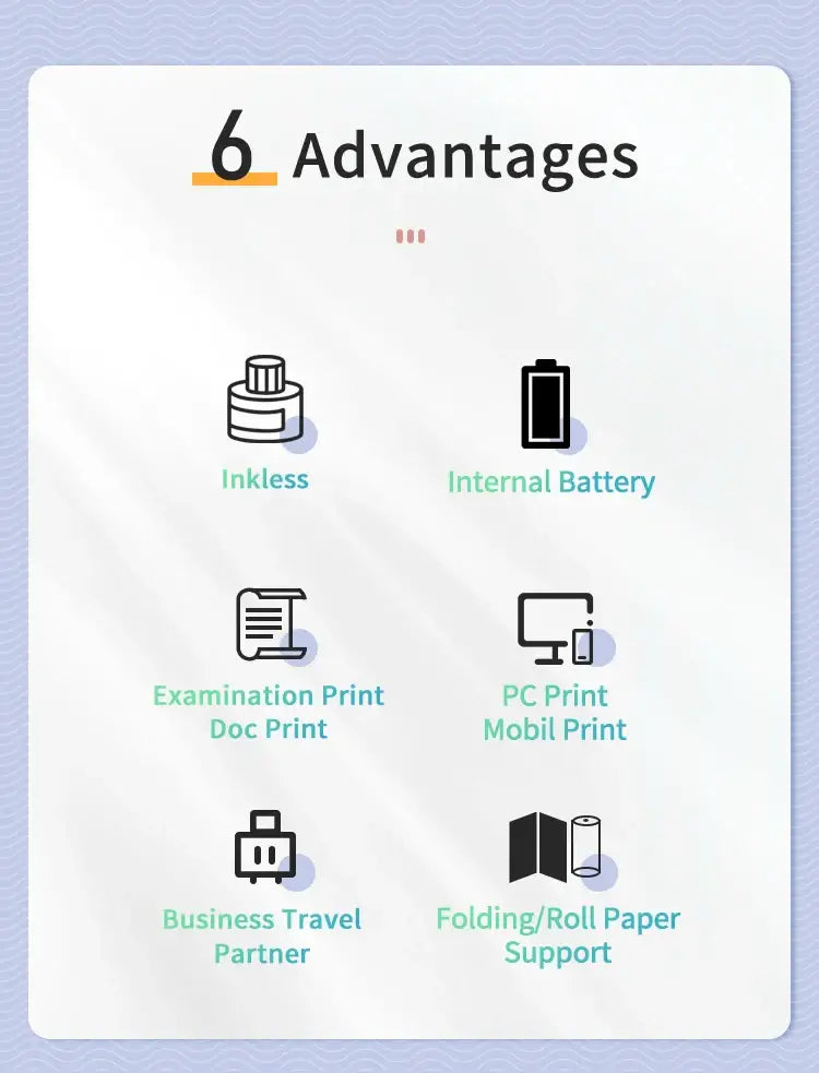 List of six advantages of the portable A4 thermal printer with icons on a light blue background — wireless Bluetooth inkless mini printer benefits