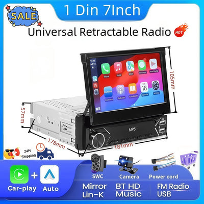 1-DIN 7" Retractable Car Stereo – Touch Screen MP5 Player with CarPlay