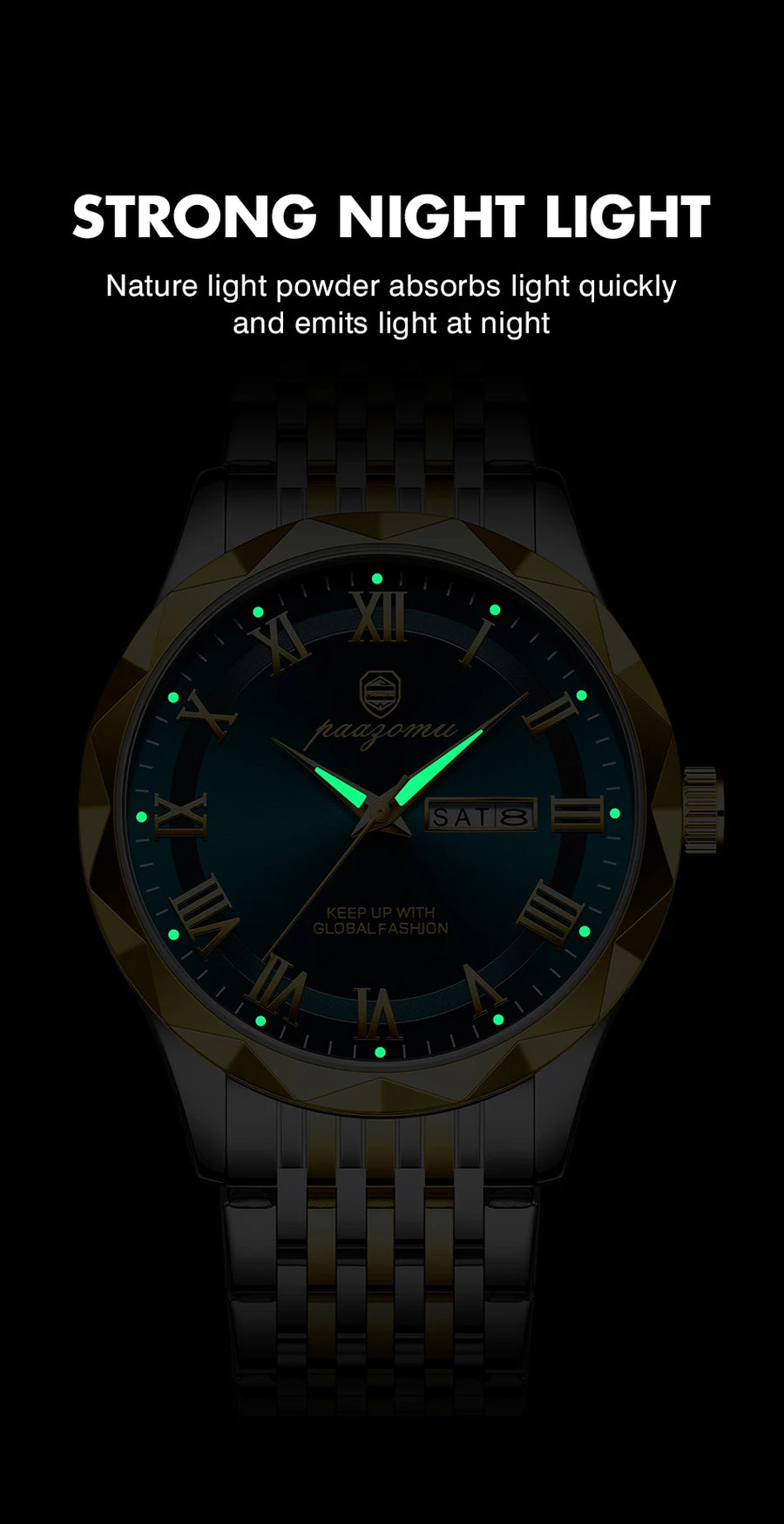 Men's minimalist quartz leisure watch – watch with glowing face on black background, night light feature