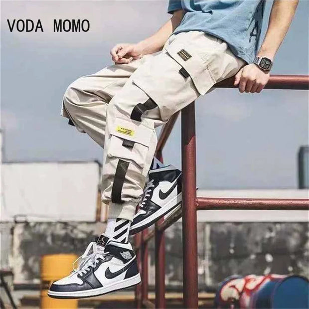 Joggers Cargo Pants for Men Casual Hip Hop Hit Color Pocket Male Trousers Sweatpants Streetwear Ribbons Techwear Pants