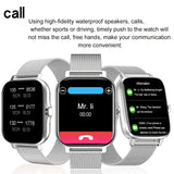 Smartwatch with metal band displaying call interface and notifications on a white background