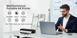 Man using a laptop with the portable A4 thermal printer on a desk — wireless Bluetooth inkless mini printer for mobile printing