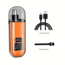 Orange electric nose and ear hair trimmer with digital battery display, USB charging cable and cleaning brush
