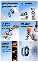 Dual-Ring MagSafe Phone Stand – Metal Tri-Fold, Double-Sided Strong Magnetic Holder