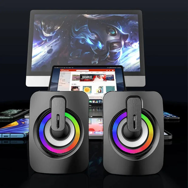 USB wired computer speakers with LED light in sleek design and vibrant RGB lighting.