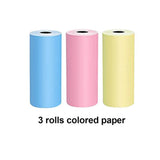Three rolls of colored thermal paper in blue, pink, and yellow for mini Bluetooth thermal label printer on white background