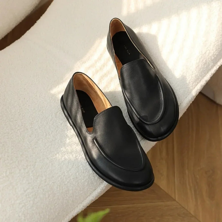 Women's Genuine Leather Loafers – Round Toe Slip-On Flat Shoes