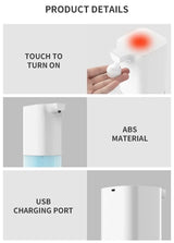 Touchless automatic foaming soap dispenser detail — USB charging port, ABS material