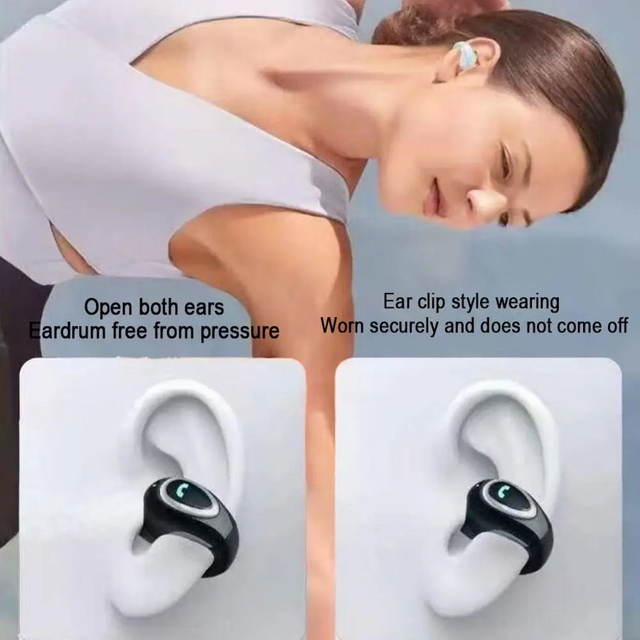 Woman wearing open-ear clip-on earbud, shown in multiple colors