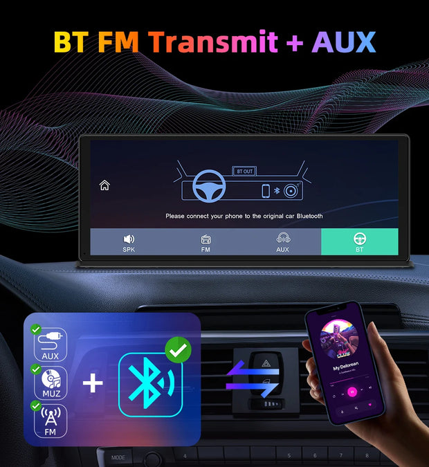 Vtopek Carplay screen displaying Bluetooth and FM transmit options for seamless connectivity in vehicles.