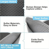 Double-layer cat litter trapping mat product features infographic, highlighting larger honeycomb holes, bump design, softer materials and easy storage