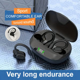 Open ear clip-on earbuds with charging case on textured surface showing comfort and sound quality features