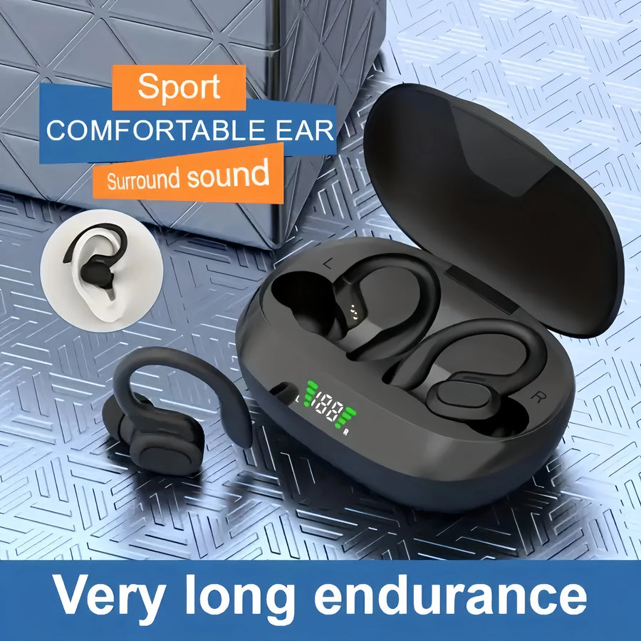 Open ear clip-on earbuds with charging case on textured surface showing comfort and sound quality features