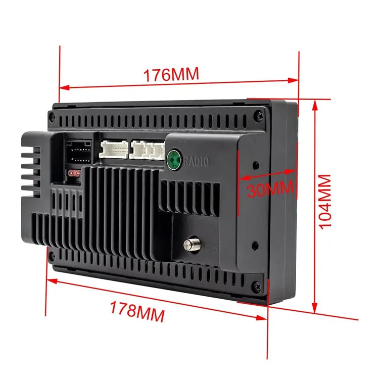 Rear view of the car touchscreen display showing mounting dimensions 176mm by 104mm, radio antenna port and wiring connectors