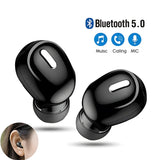 Black wireless earbuds with Bluetooth 5.0 logo and features on a white background