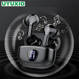 Wireless earbuds with charging case and music notes on a dark background, featuring the brand 'UYUXIO'.