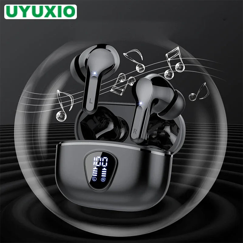 Wireless earbuds with charging case and music notes on a dark background, featuring the brand 'UYUXIO'.