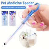 Pet pill feeder – soft tip pill syringe dispenser for dogs and cats, hand holding feeder with retail packaging and cat taking medicine
