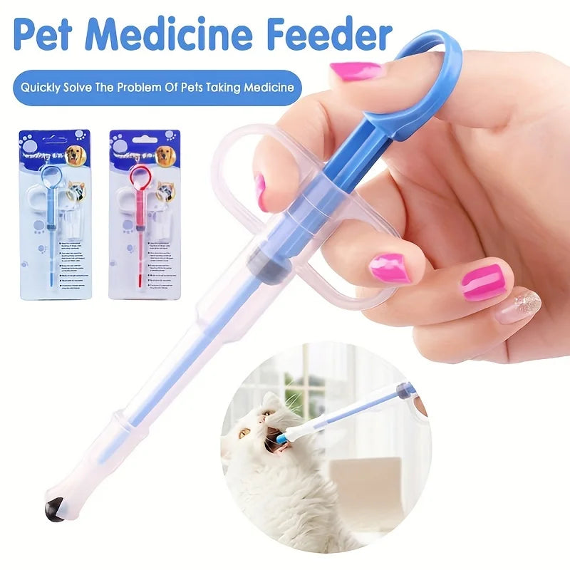 Pet pill feeder – soft tip pill syringe dispenser for dogs and cats, hand holding feeder with retail packaging and cat taking medicine