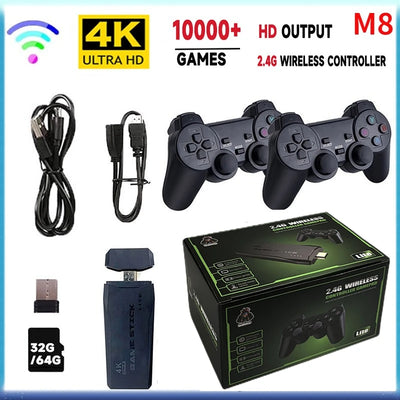 M8 Wireless Game Stick - gaming console with controllers, cables, and accessories on blue background