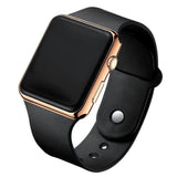 Digital watch with black screen and rose gold frame on a white background
