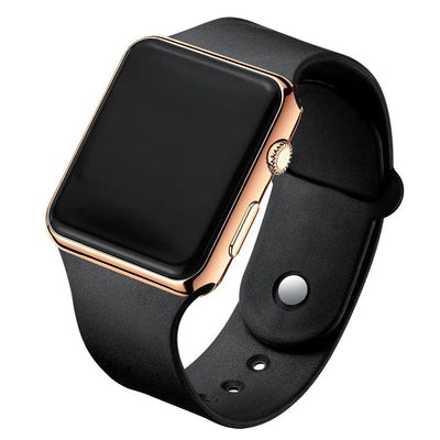 Digital watch with black screen and rose gold frame on a white background