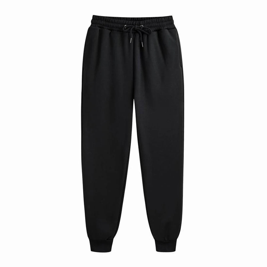 Men's black jogger sweatpants full length view on white background