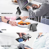 Collage of people using a smartphone with a stand in various settings.