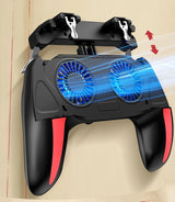 Gaming controller with dual cooling fans on a beige background