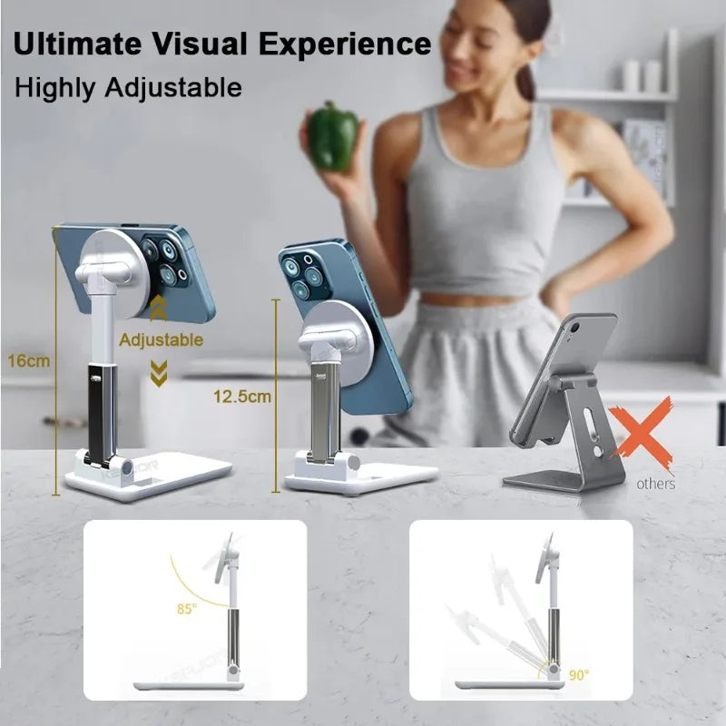 Adjustable phone stand with measurements and a woman holding a green pepper in the background.