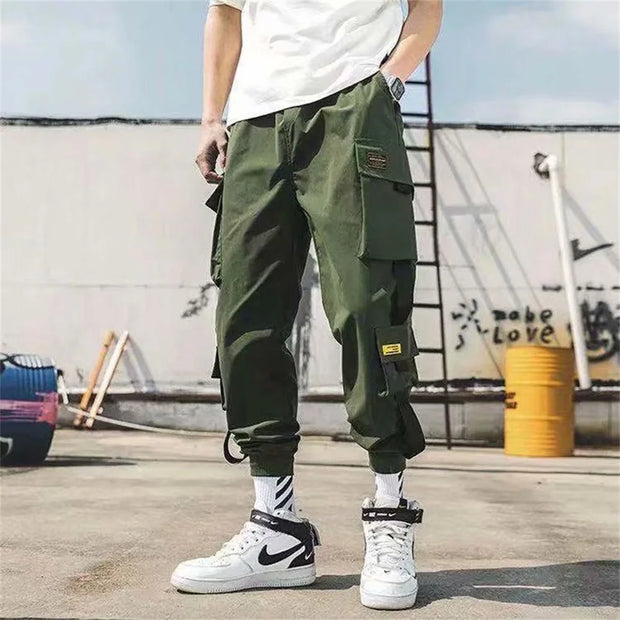 Joggers Cargo Pants for Men Casual Hip Hop Hit Color Pocket Male Trousers Sweatpants Streetwear Ribbons Techwear Pants
