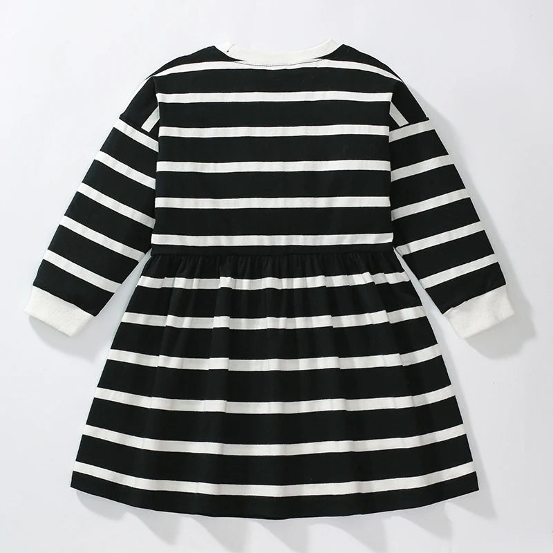 Baby Girls Long-Sleeve Dress – Cotton Striped Cartoon for Autumn/Spring