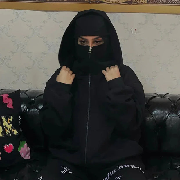 Men's Balaclava Zip Hoodie with Face Mask Winter Warm Zipper Sweatshirt Oversized Hooded Sports Jacket for Outdoor Activities