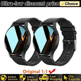 Two black Women's Smart Watch 6 smartwatches with discount label and brand logos on white background